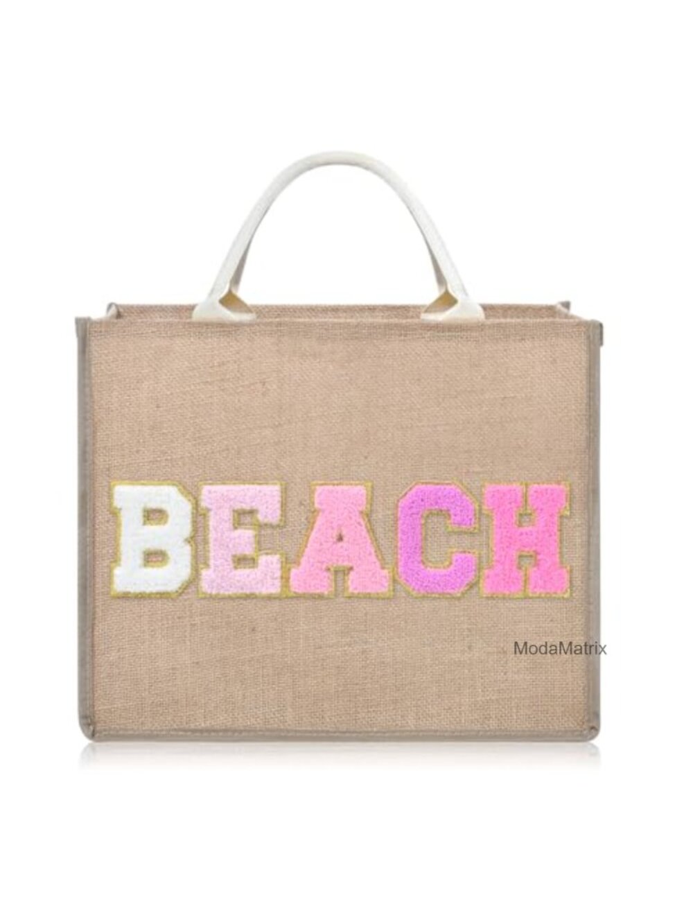 Large Woven Straw Beach Tote Bag Chenille Letter Patches Water Resistant 20L